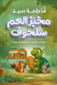 غلاف كتاب مخبز العم سلحوف للمؤلفة فاطمة سيد، يظهر سلحفاة خضراء مبتسمة تمسك رغيف خبز، برفقة سنجاب وأرنب، وخلفهم حافلة مخبز في غابة خضراء ذات ألوان زاهية.