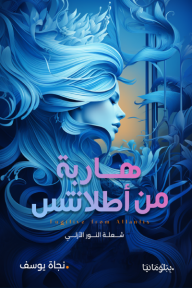 غلاف رواية ‎هاربة من أطلانتس: شعلة النور الأزلي نجاة يوسف. يصور امرأة بملامح هادئة وشعر أزرق متدفق يندمج مع عناصر مائية وفانتازية في عالم أزرق غامض.