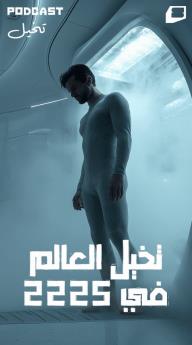 غلاف كتاب بودكاست تخيل.. تخيل: العالم في 2225 للمؤلف كريم قنديل، يظهر رجل يرتدي بدلة مستقبلية فاتحة اللون داخل غرفة زرقاء مضيئة مع تأثير ضباب.